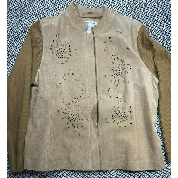 Coldwater Creek Jackets & Blazers - Coldwater Creek Women's Large Beige Faux Suede Jacket Knit Sleeves & Zip Closure